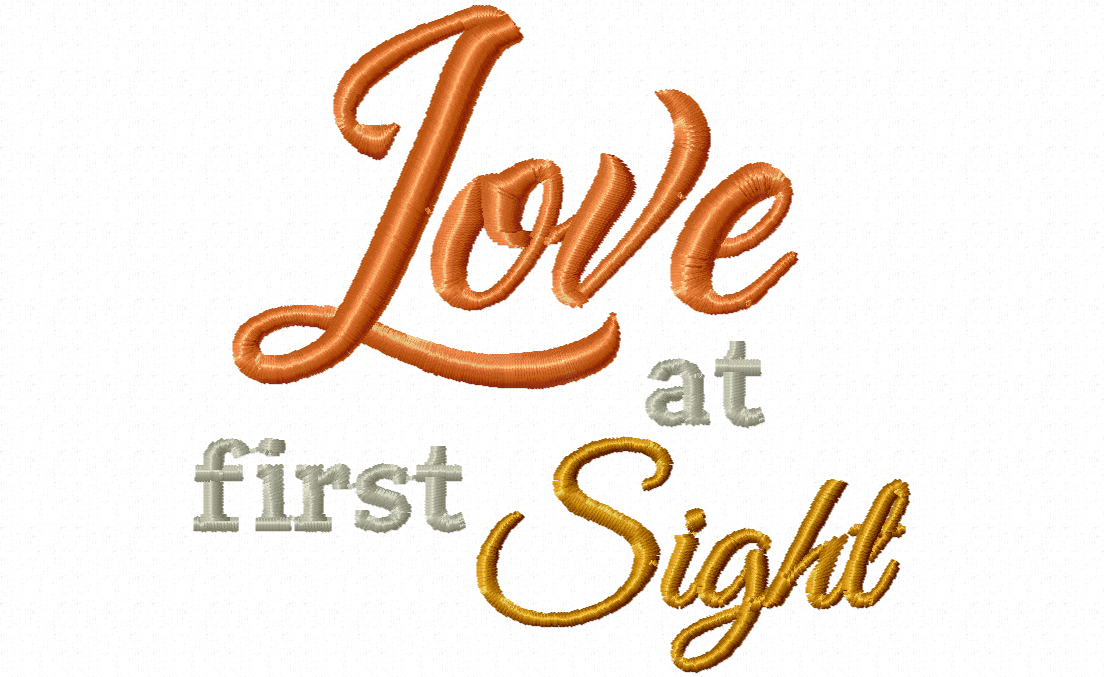 Love at First Sight embroidery design - text design in orange, grey and gold