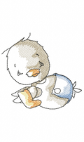 Vintage duckling hugging a bottle embroidery design