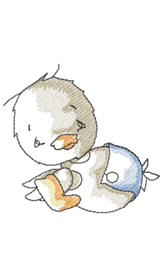 Vintage duckling hugging a bottle embroidery design
