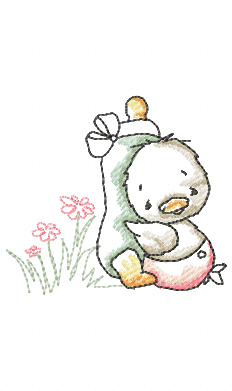 Vintage duckling sitting among pink flowers with a bow embroidery design