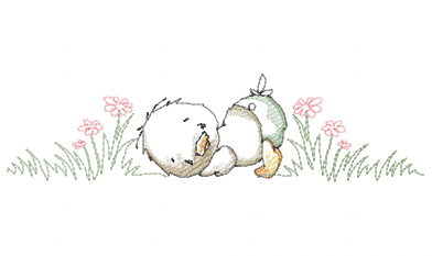 Vintage duckling sleeping among pink flowers embroidery design