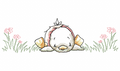 Vintage duckling lying face down among pink flowers embroidery design