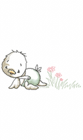 Vintage duckling crawling towards pink flowers embroidery design
