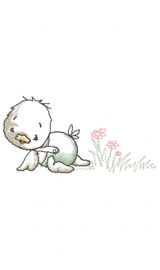Vintage duckling crawling towards pink flowers embroidery design