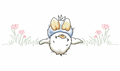 Vintage duckling upside down among pink flowers embroidery design