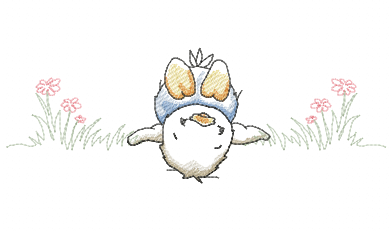 Vintage duckling upside down among pink flowers embroidery design