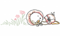 Two vintage ducklings snuggled together next to pink flowers embroidery design