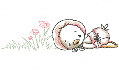Two vintage ducklings snuggled together next to pink flowers embroidery design