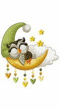 Sleepy owl on crescent moon holding a mug with stars embroidery design