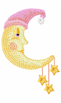Sleeping crescent moon in nightcap embroidery design
