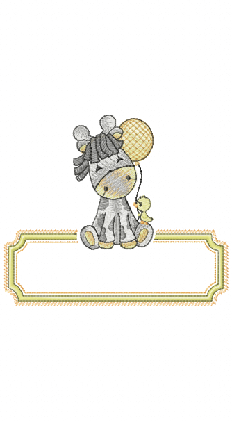 Raffi zebra sitting with a yellow balloon and name frame embroidery design