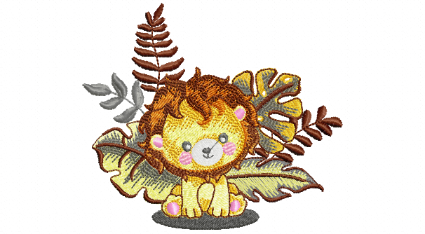 Safari lion cub sitting amongst tropical leaves embroidery design