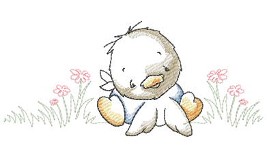 Vintage duckling sitting happily among pink flowers with a bow embroidery design