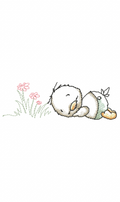 Vintage duckling lying down sniffing pink flowers embroidery design