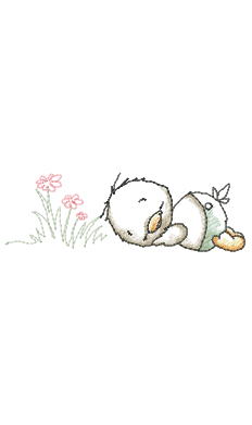 Vintage duckling lying down sniffing pink flowers embroidery design