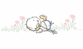 Vintage duckling lying on its side with a dummy among pink flowers embroidery design
