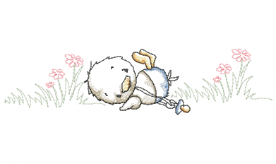 Vintage duckling lying on its side with a dummy among pink flowers embroidery design
