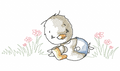 Vintage duckling sitting and hugging its feet among pink flowers embroidery design