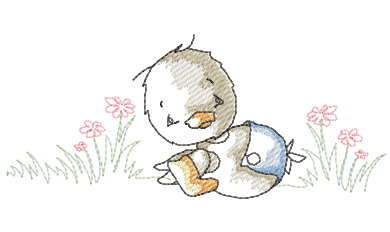 Vintage duckling sitting and hugging its feet among pink flowers embroidery design