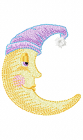 Sleeping crescent moon wearing a blue nightcap embroidery design