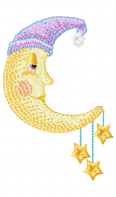 Sleeping crescent moon in blue nightcap with hanging gold stars embroidery design