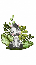 Safari zebra cub sitting amongst tropical leaves embroidery design