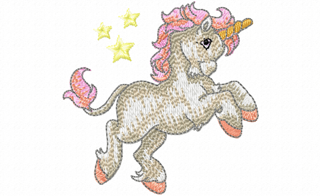 Misty the Unicorn prancing with stars embroidery design