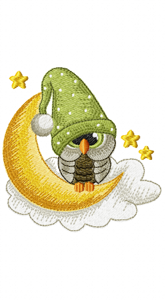 Sleepy owl on crescent moon sitting on a cloud with stars embroidery design