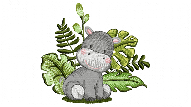 Safari hippo sitting amongst tropical leaves embroidery design