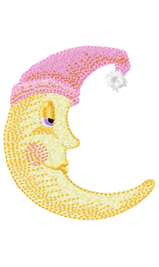 Sleeping crescent moon wearing a pink nightcap embroidery design