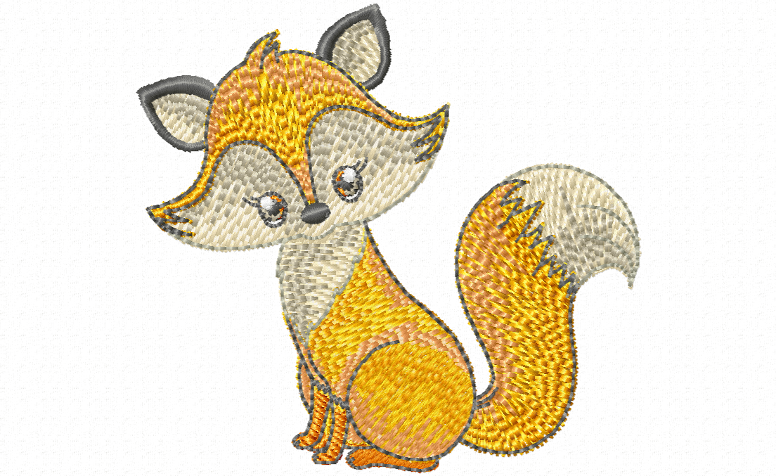 Finley embroidery design - wide-eyed fox sitting upright with fluffy tail