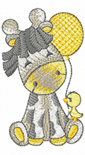 Raffi zebra sitting with a yellow balloon and chick embroidery design