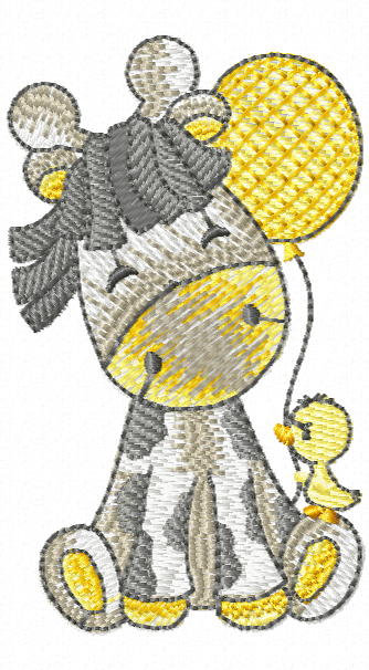 Raffi zebra sitting with a yellow balloon and chick embroidery design