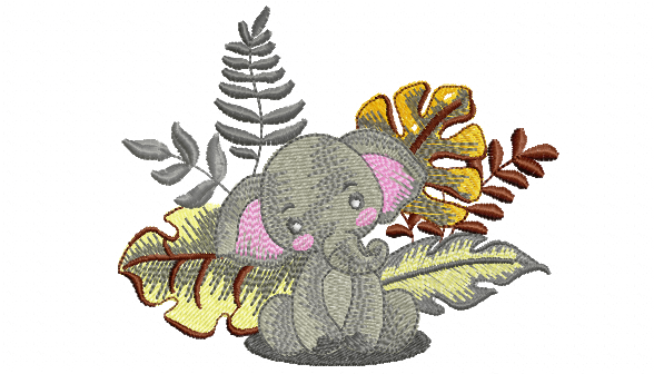 Safari elephant cub sitting amongst tropical leaves embroidery design