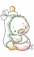 Vintage duckling hugging a fish with a bow embroidery design