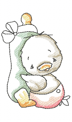 Vintage duckling hugging a fish with a bow embroidery design