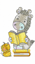 Raffi zebra reading a book with a chick embroidery design