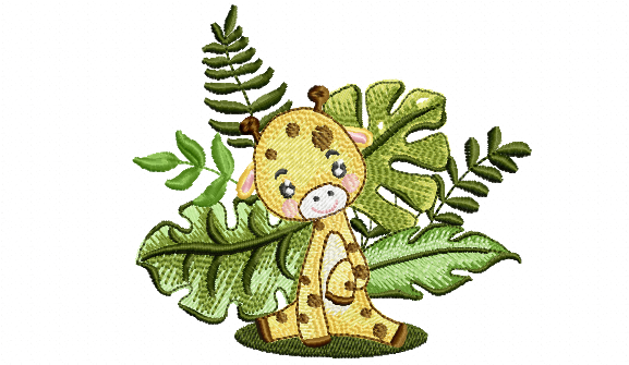 Safari giraffe sitting amongst tropical leaves embroidery design