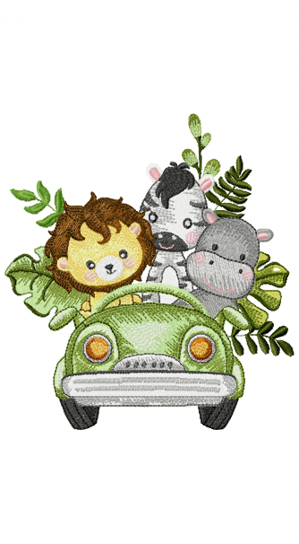 Safari lion, zebra and hippo riding in a car embroidery design