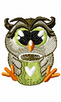 Grumpy sleepy owl clutching a green mug embroidery design