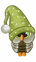 Tiny sleepy owl under a big green polka dot nightcap embroidery design