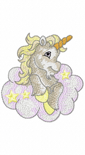 Little Misty Unicorn resting on a cloud with stars embroidery design