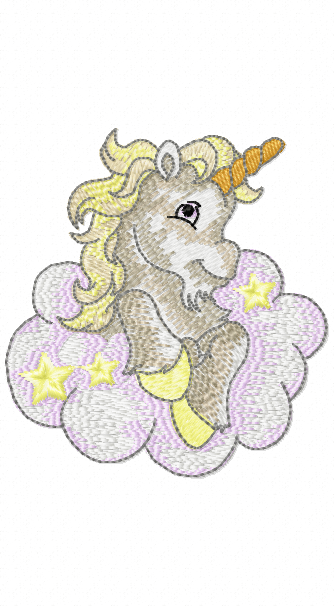 Little Misty Unicorn resting on a cloud with stars embroidery design