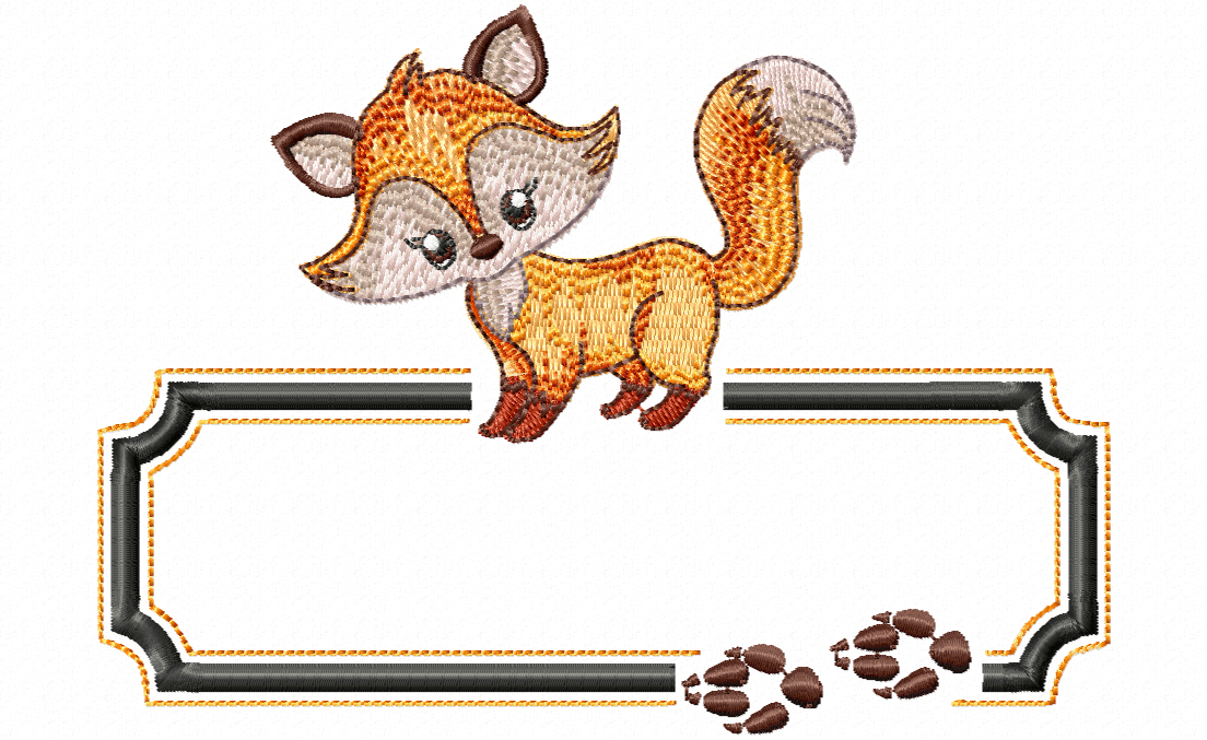 Finley Name Plate embroidery design - fox standing above a gold and black name frame with paw prints