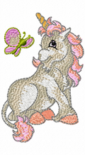 Little Misty Unicorn sitting with a butterfly embroidery design