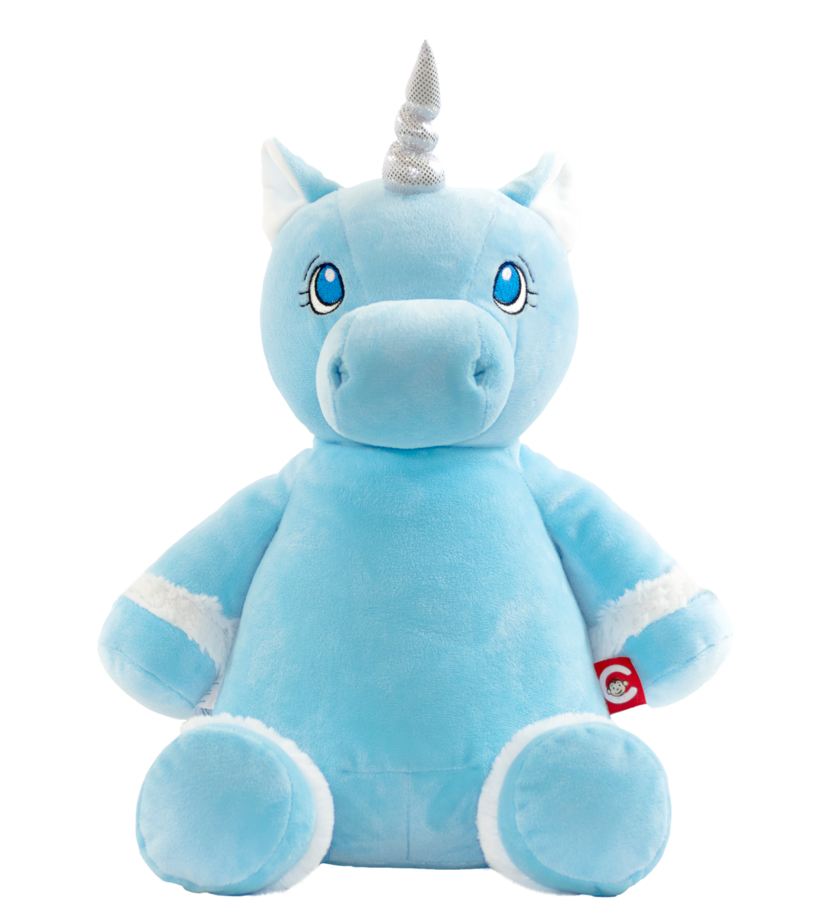 Personalised blue unicorn soft toy baby gift