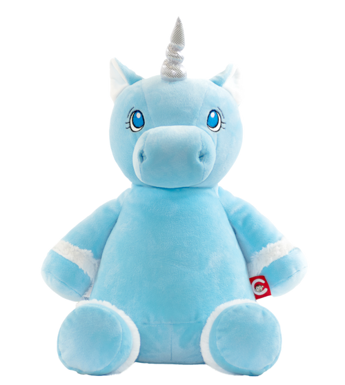 Personalised blue unicorn soft toy baby gift