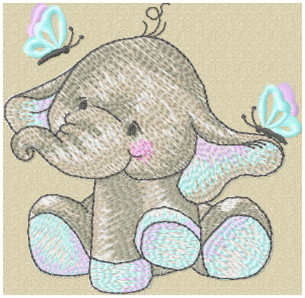 Ellie 1 Blue embroidery design - sitting elephant with blue butterflies