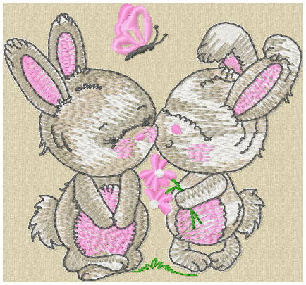 Kissing bunnies embroidery design for personalised baby quilt