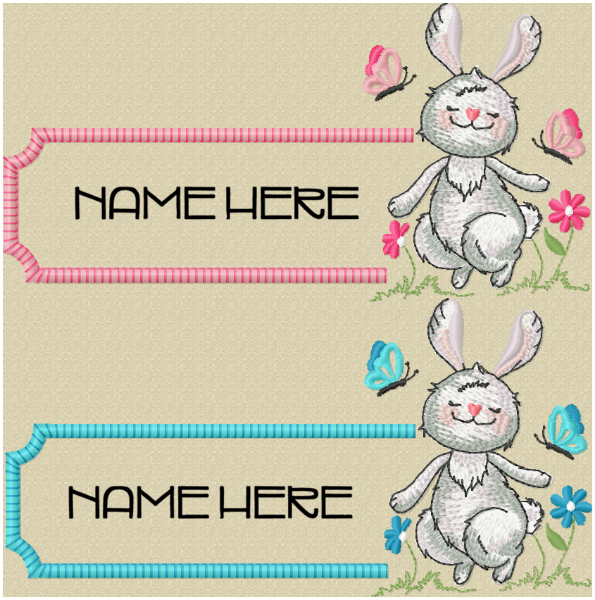 Bunny name plate in pink and blue for personalised baby quilt